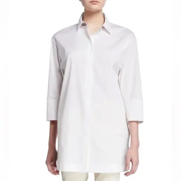 Lafayette 148 New York - White 3/4 Sleeve Button-Down Shirt Tunic Blouse - Picture 2 of 10